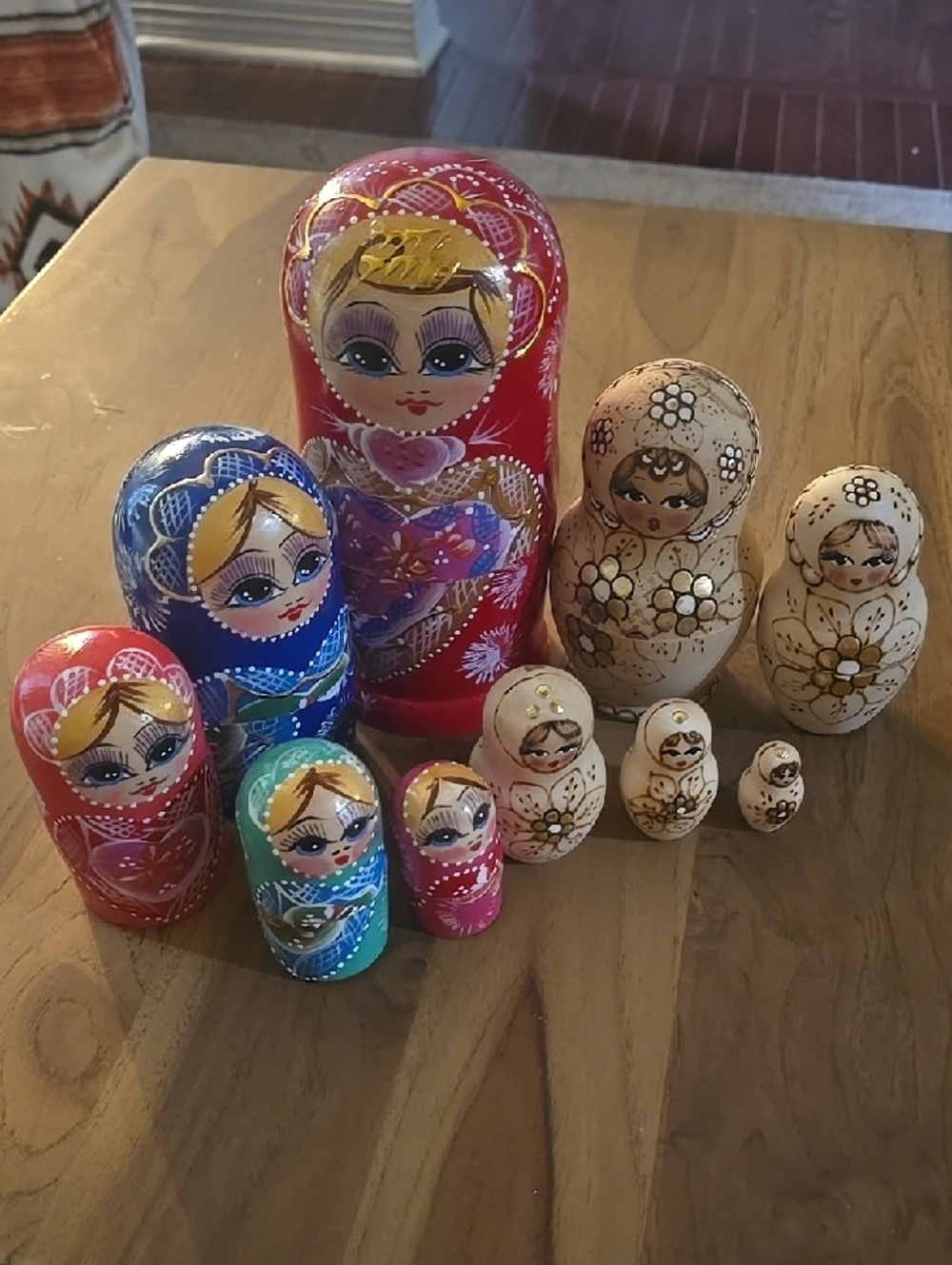 Hand-Painted Russian Nesting Dolls Set - Red, Pink, Blue, Turquoise, Cream